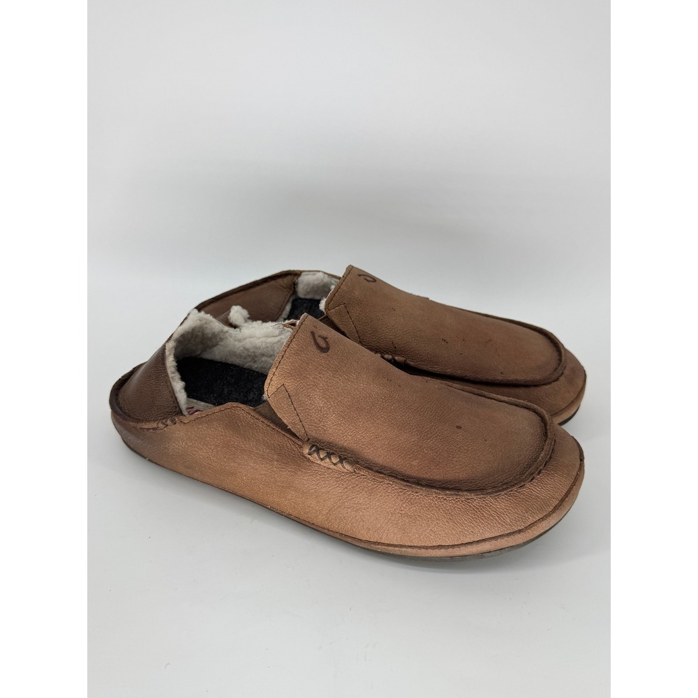 OluKai Moloa Slipper Loafers Mens 10 Brown Leather Shearling Lined Shoes